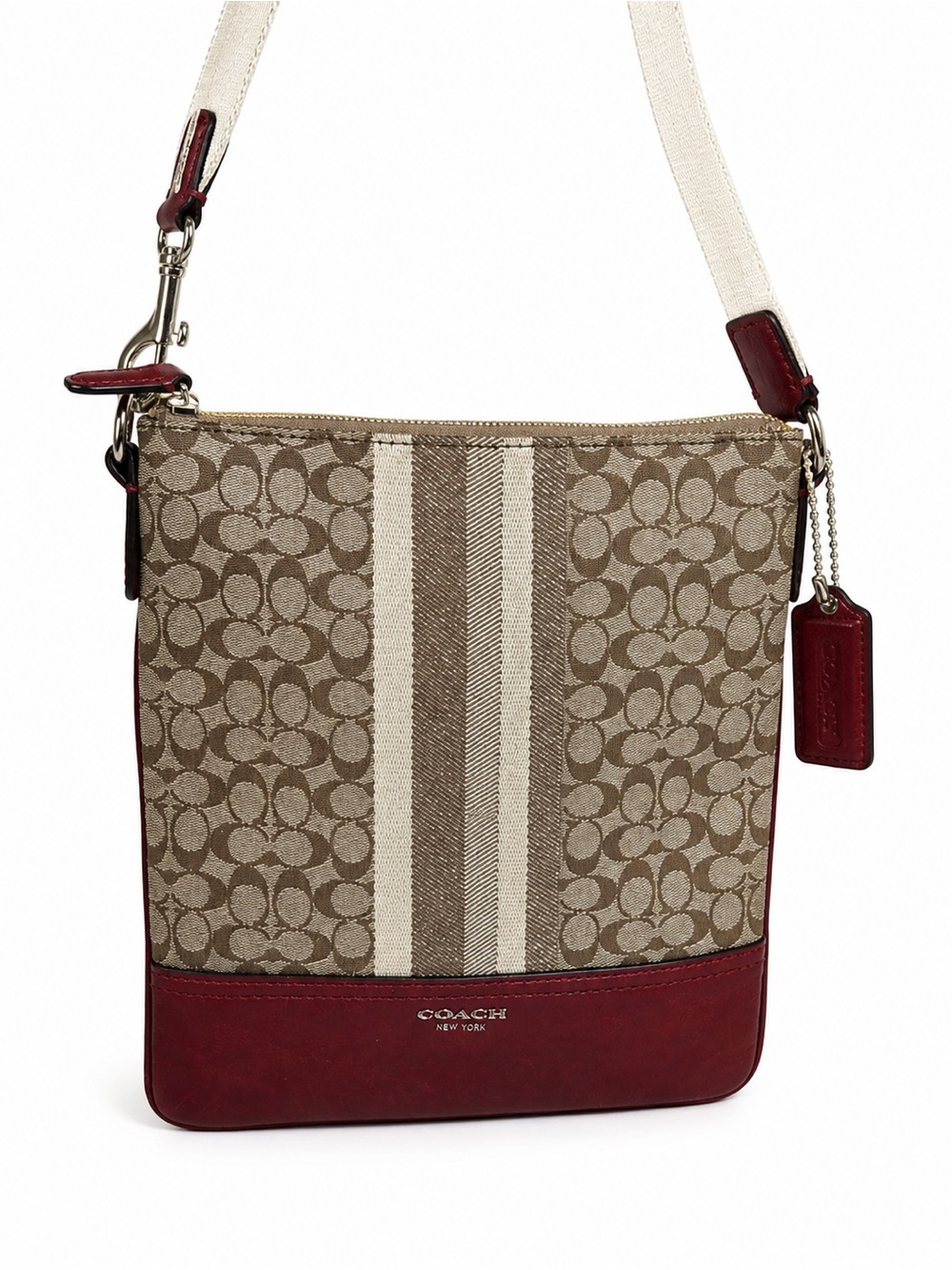 Coach mini Khaki Signature Canvas Crossbody with Red Trim